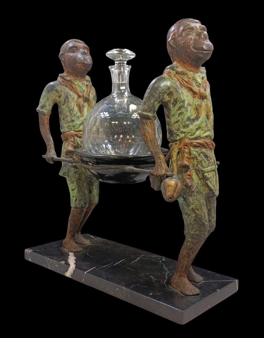 Vintage Centerpiece Cold Painted Cast Metal Monkeys Carrying a Crystal Decanter on Marble Base