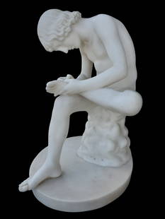 PIETRO FRANCHI (Italy, 1817-1878) "The Thorn Puller" / "Boy with Thorn" Carrara Marble Sculpture: Fabulous sculpture made from Carrara marble showing a seated boy pulling a thorn from his foot, ca. 1870. The original piece "Boy with Thorn", also called "Fedele (Fedelino)" or "Spinario", dates to