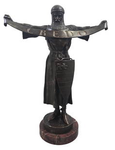 After EMMANUEL FREMIET (1824-1910) "CREDO / I BELIEVE" Knight Bronze Sculpture, ca. 1900: A spectacular cast bronze statue representing a medieval knight unfurling a banner bearing the inscription CREDO (Latin: "I BELIEVE") calling on Christians to follow religious principles. The