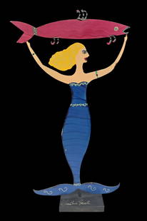 Vintage CLAUDINE BUELL Handpainted Cut Steel Sculpture "Mermaid with Fish": Metal sculpture by artist Claudine Buell, titled "Mermaid with Fish". It is hand-painted and features a mermaid holding a fish above her head. The sculpture is signed by the artist and measures