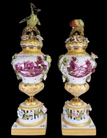 Rare Pair of Vintage MANGANI Italy Lidded Capodimonte Vases