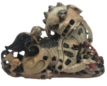 Antique Chinese Hand Carved Soapstone Foo Dog Sculpture