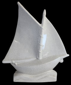 Art Deco LEJAN LA LOUVIÈRE France Craquelé Enamel Ceramic Sailing Boat Sculpture