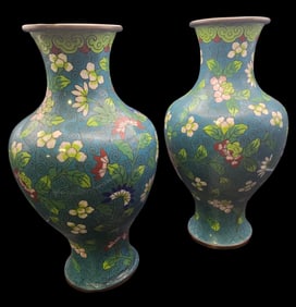Pair of Antique Asian Cloisonne Floral Enameled Vases