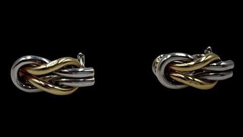 Stylish Vintage Italian 14K White & Yellow Gold Knot Earrings
