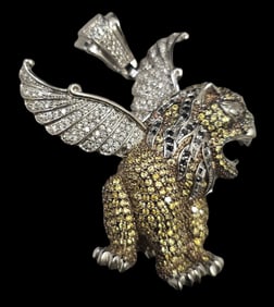 Very Unusual Vintage Sterling Silver & Rhinestone Winged Lion Pendant