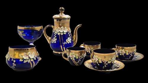 Antique Bohemian Cobalt Blue Art Glass /w Enamel Paint & Gold Trim Tea Set