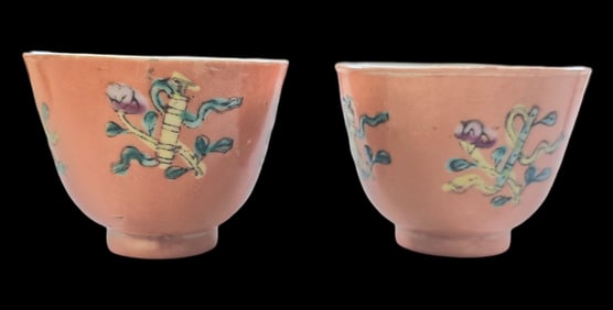 Pair of Antique Chinese Qing Dynasty Coral Ground Porcelain Tea Cups
