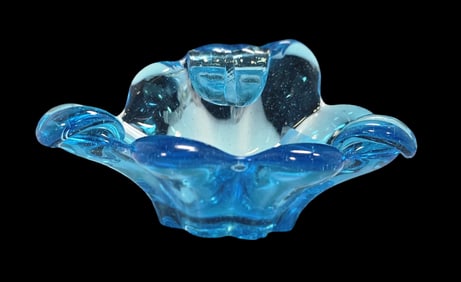 Vintage 1980s Mouthblown Aqua Blue Art Glass Bowl