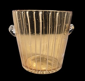 Vintage Mouthblown Art Glass Ice Bucket /w White Stripe Design