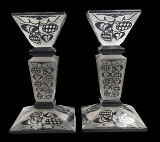 Rare Pair of Vintage Art Deco Art Glass Candlesticks attrib. to KARL PALDA