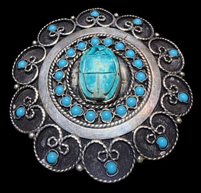 Rare Vintage 1930s Middle-Eastern Fine Silver, Turquoise & Ancient Egyptian Scarab Pendant