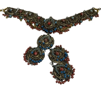 Vintage Handmade Indian Brass & Glass Stone Necklace