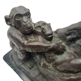 Art Deco IRENE ROCHARD (French, 1906-1984) Bronze Figural Group of Two Chimpanzees on Marble Base