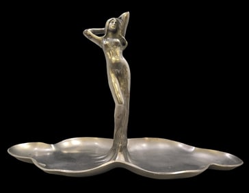 Vintage Art Nouveau Style Nickel Plated Brass Handled Dish /w Nude Figurine