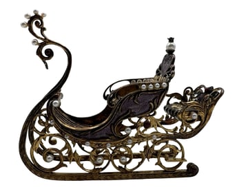 1980s FRANKLIN MINT FABERGE 24K Gilt Sterling Silver & Gemstone Winter Sleigh