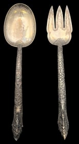 Ornate Antique Asian 900 Silver Spoon & Fork Serving Set