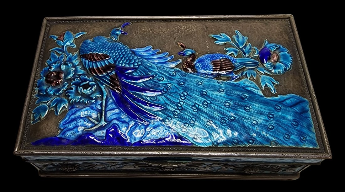 Very Rare Antique Asian Sterling Silver & Blue Enamel Peacock Lidded Box (1 of 9)