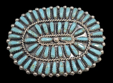 Vintage Native American Navajo Sterling Silver & Turquoise Cluster Brooch - Signed