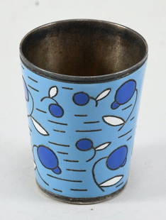 Rare Mid-Century European 800 Silver & Blue Enamel Liquor Beaker: This beautiful silver shot glass was made around the 1960s and features a heavy silver base covered in beautiful blue enamel depicting a plum theme. Very good vintage condition with only very minor en