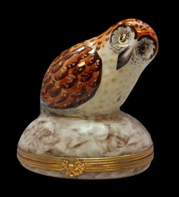 Rare Vintage TIFFANY & CO Limoges France Handpainted Porcelain Owl Trinket Box