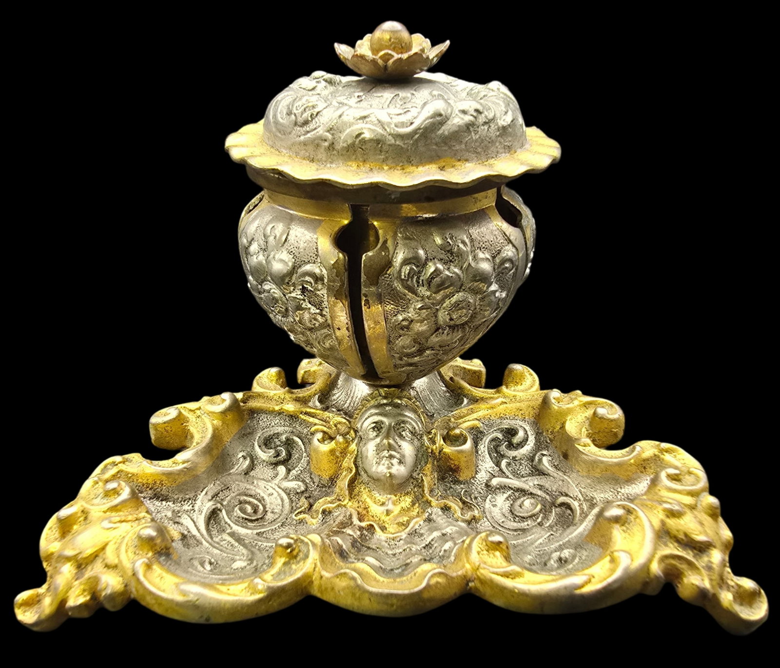 Antique Gold & Silvertone Metal Inkwell: Very good antique condition; no chips, cracks, or repairs. approx. 3 1/2" wide x 4" high.