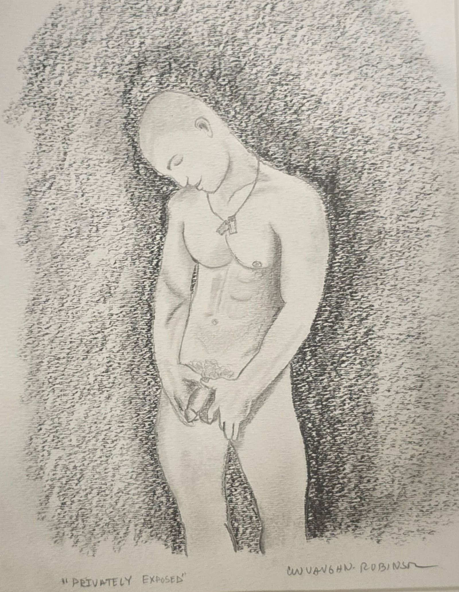 Vintage VAUGHN-ROBINSON Homoerotic Portrait Drawing "Privately Exposed": Measures approx. 15" high x 12" wide. Very good vintage condition; framed, signed and titled in pencil.