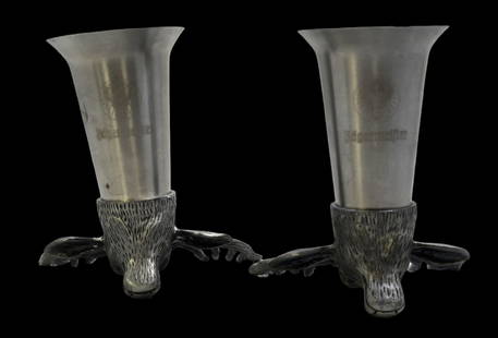 Pair of Unusual Vintage Jagermeister Deer Head Pewter & Metal Bar Shot Glasses: Very unusual pieces in very good vintage condition with minor wear according to age. Each measures approx. 3 1/2" high x 1" wide.