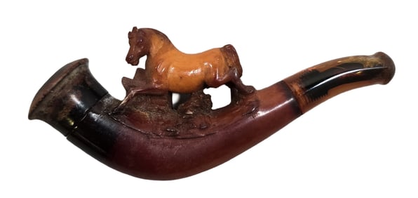 Antique European Hand Carved Horse Shaped Meerschaum Pipe in Fitted Leather Case