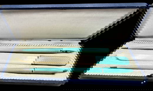 Antique ca. 1910 European 800 Silver & Turquoise Guilloche Enamel Writing Set in Orginal Fitted Case: Very good antique condition with minor patina according to age; very minor enamel loss; the pencil may need some repair to fully work again since the tip comes easily apart. Box measures approx. 8 "
