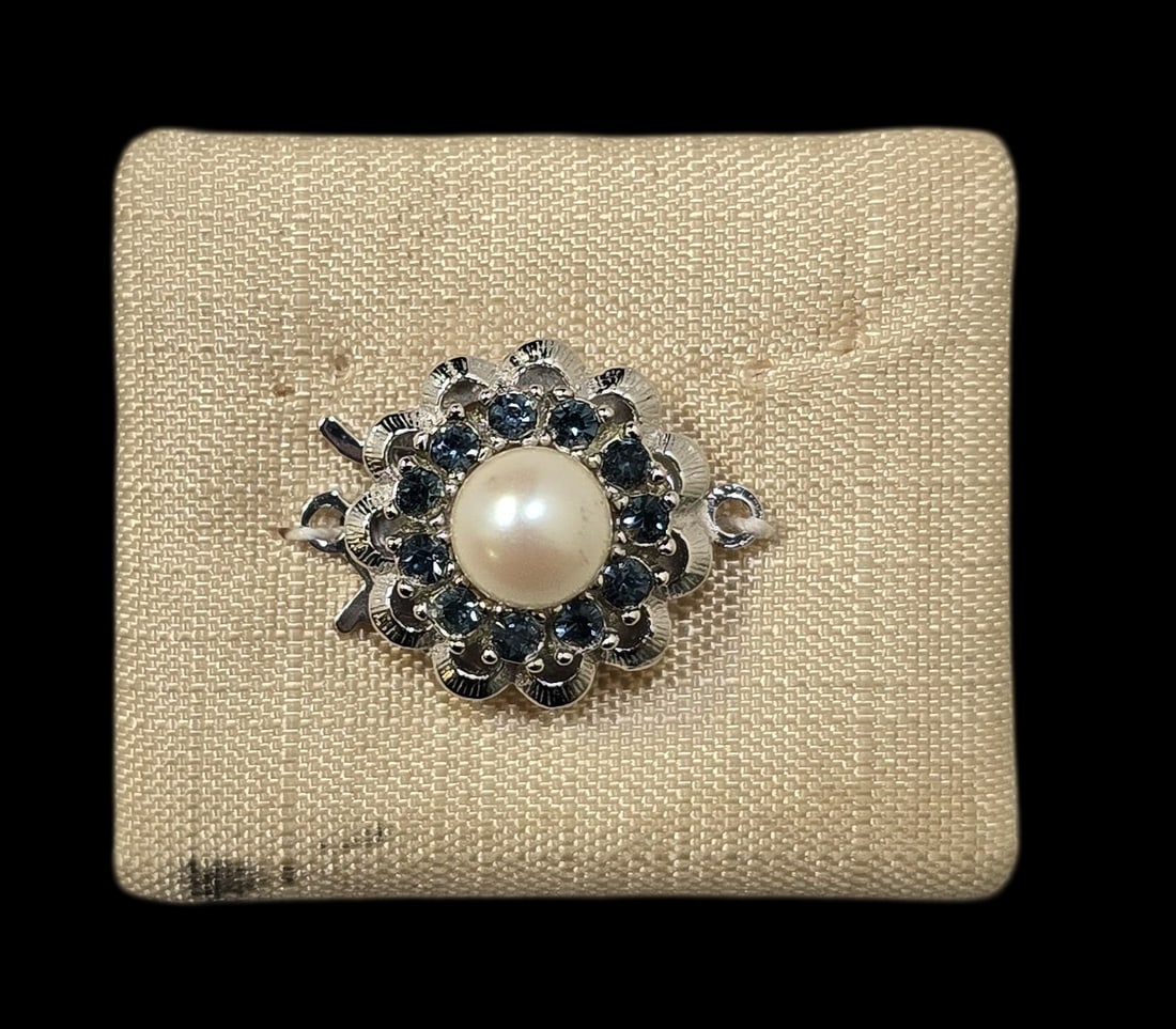 Vintage European 835 Silver & Sapphire Necklace Clasp - New Old Stock: Very good vintage condition with minor patina according to age. Measures approx. 1/2" wide and weighs ca. 3.5 grams. Marked for 835 (83.5%) silver. SHIPPING: We ship in-house and charge a flat fee of 