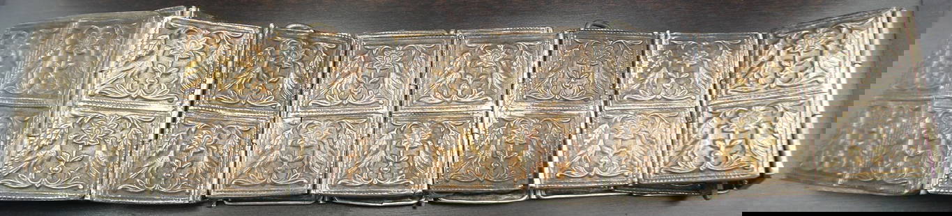 Rare Antique Hand Chased Oriental Silver Panel Belt: Beautiful handmade antique piece hand chased from solid silver. Measures approx. 27" long x 1 3/4" wide and weighs ca. 156 grams. There are 3 latches at 27", at 24 1/4", and at 21". Tested for a