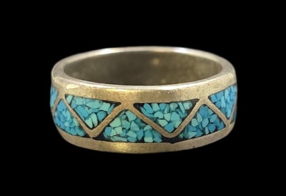 Vintage Sterling Silver & Turquoise Gemstone Mosaic Band Ring