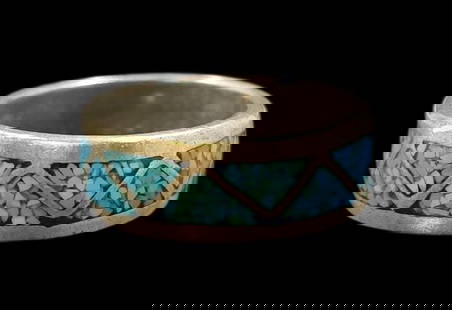 Vintage Sterling Silver & Turquoise Gemstone Mosaic Band Ring: Very good vintage condition with some wear and patina according to age. The ring is a size 5.5 and weighs ca. 3.5 grams. Marked for Sterling Silver. SHIPPING: We ship in-house and charge a flat fee