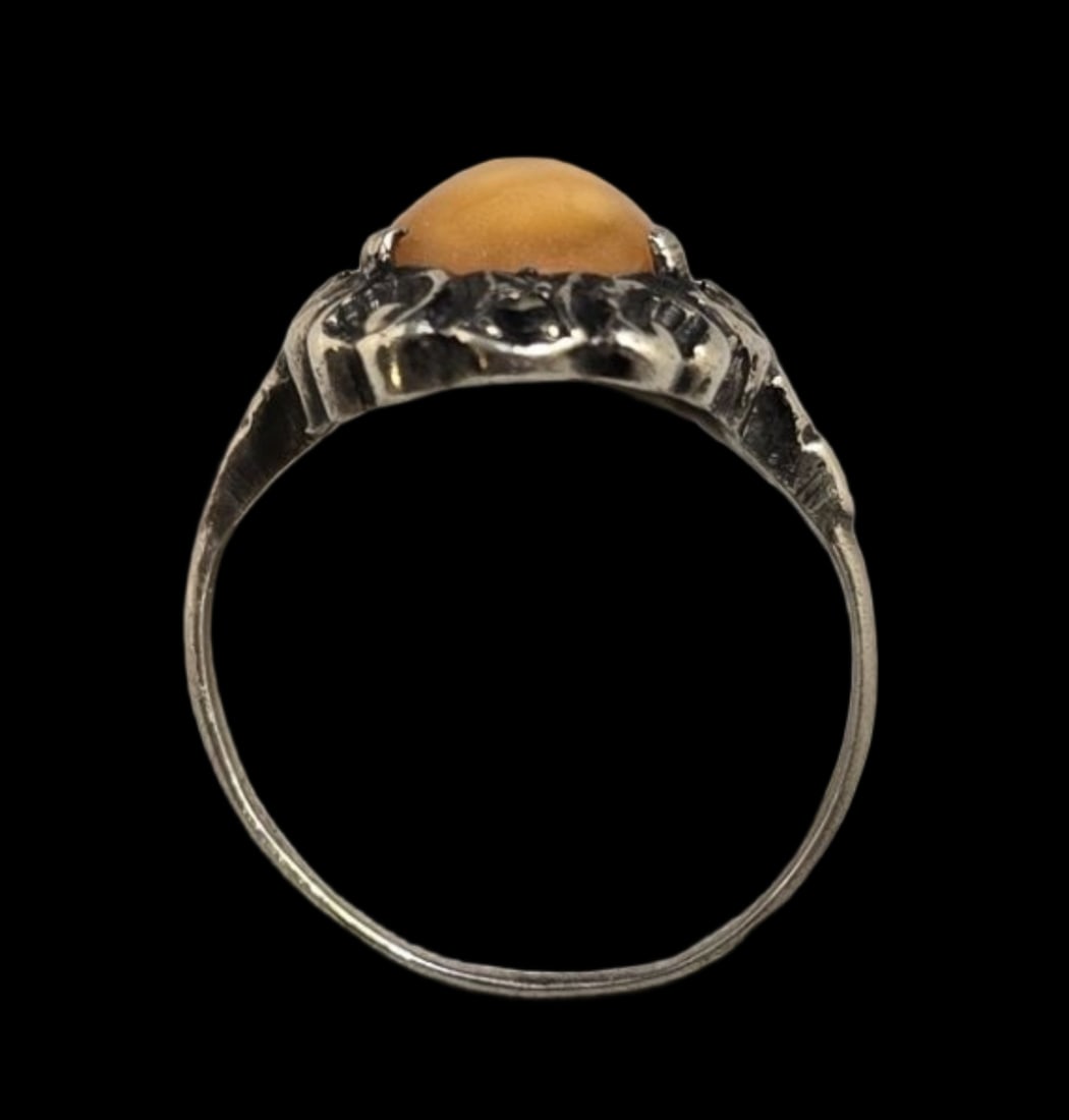 Ornate Antique European 835 Silver & Butterscotch Amber Ring: Very good antique condition with some wear and patina according to age. The ring is a size 7 1/2 and weighs ca. 3 grams. Marked for 835 (83.5%) silver. SHIPPING: We ship in-house and charge a flat fee