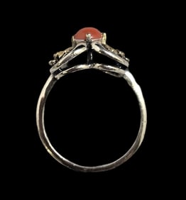 Vintage Mid-Century Partially Gilt Sterling Silver & Red Coral Designer Ring