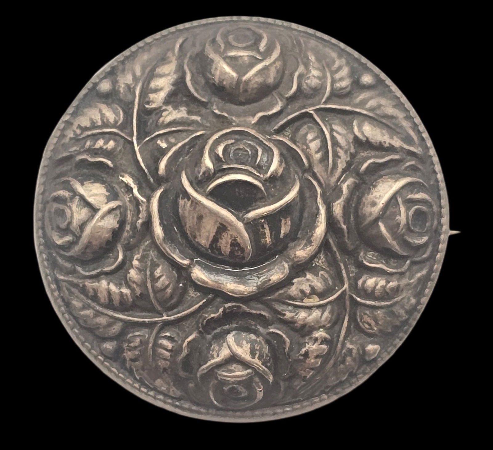 Antique European 800 Silver Repousse Roses Brooch (1 of 4)