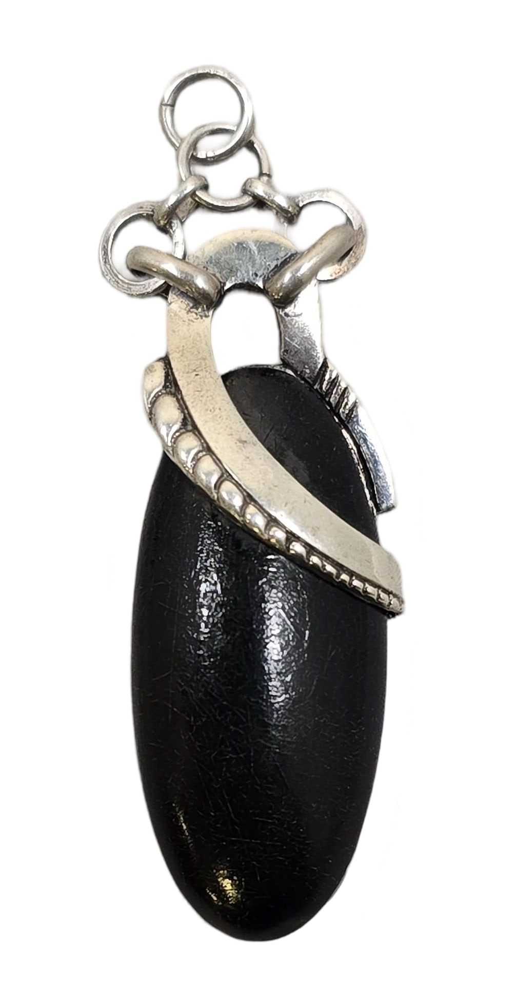 Vintage Mid-Century European 800 Silver & Black Gemstone Pendant: Very good vintage condition with some wear and patina according to age. Measures approx. 2" high and weighs ca. 6.5 grams. Marked for 800 (80%) silver. SHIPPING: We ship in-house and charge a flat fee