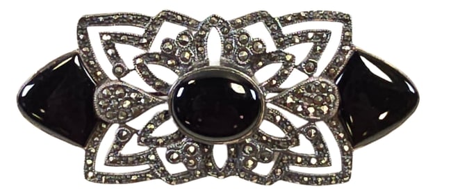 Vintage Sterling Silver, Marcasite & Black Onyx Designer Brooch