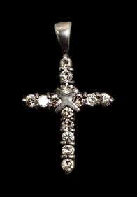 Unusual Vintage Sterling Silver & Clear Gemstone Cross Pendant
