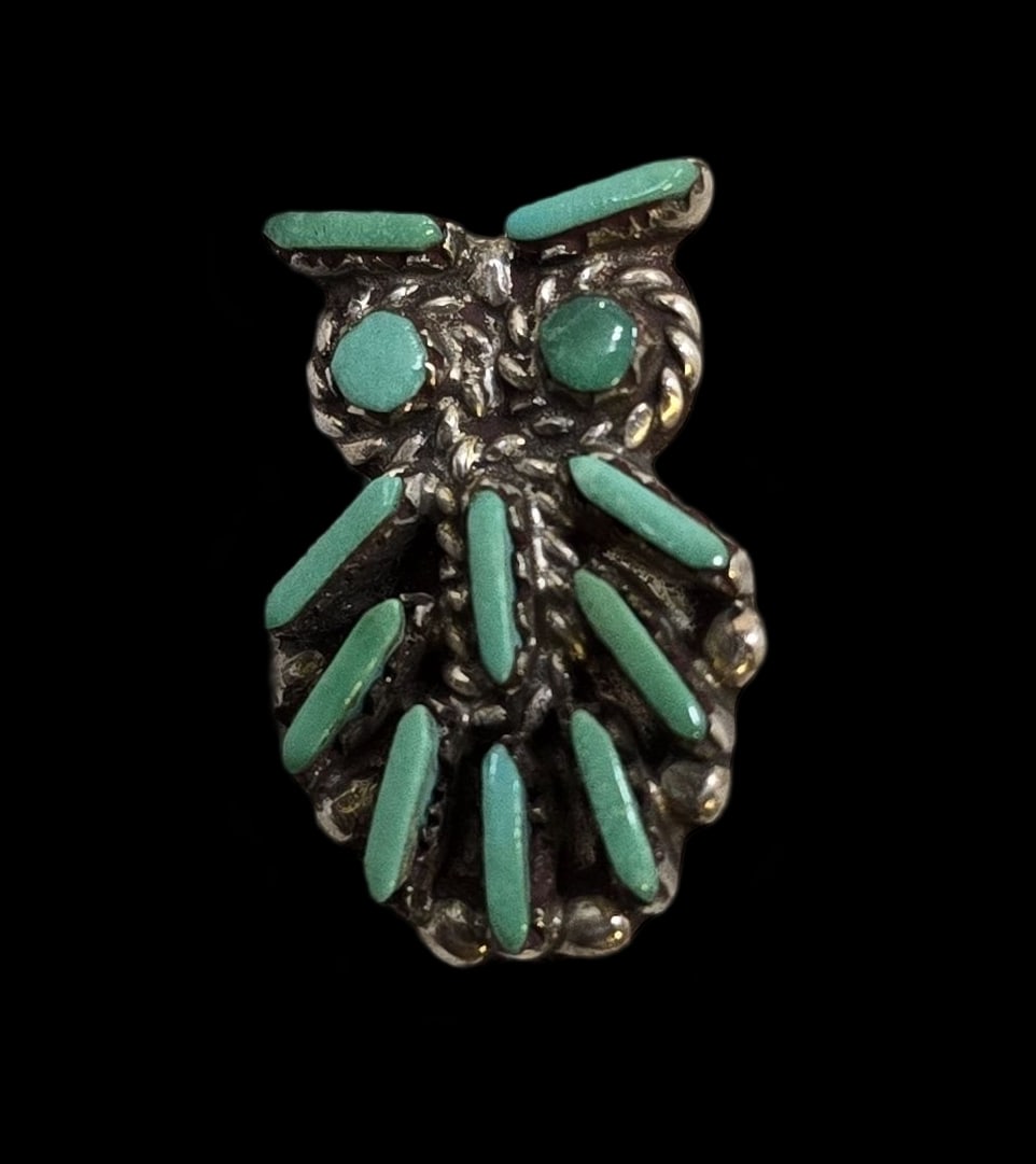 Vintage Native American Zuni Sterling Silver & Needlepoint Turquoise Owl Pendant Brooch (1 of 7)