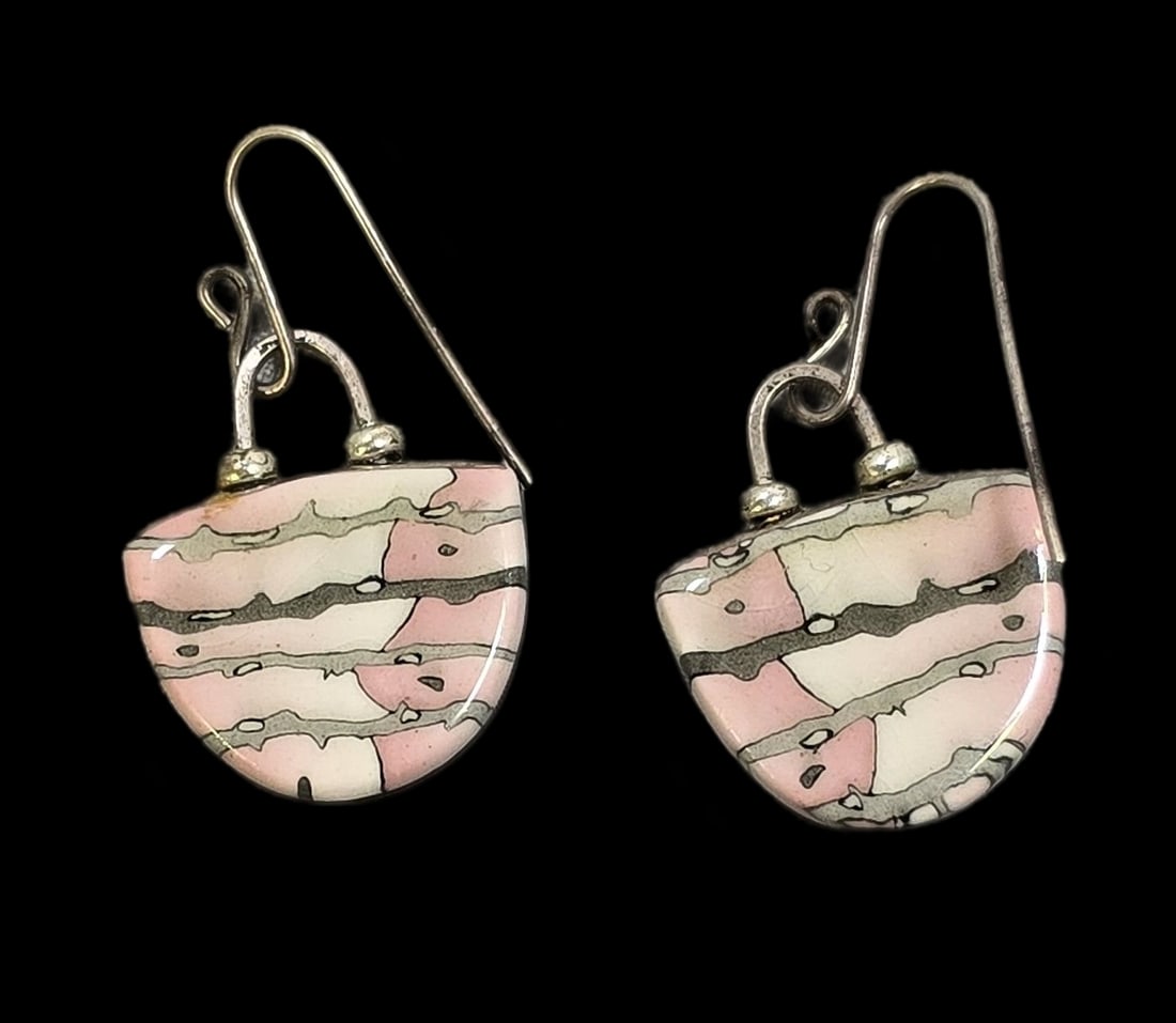 Unusual Vintage BLUE BUS STUDIO Sterling Silver & Porcelain Earrings: Very good vintage condition with minor wear and patina according to age. Each measures approx. 1 1/2" high and they jointly weigh ca. 3.5 grams. Tested for Sterling Silver. SHIPPING: We ship in-house 