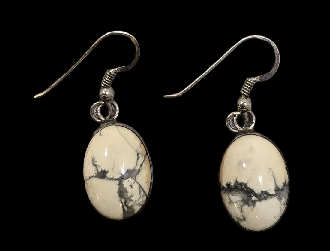 Vintage Sterling Silver & Marbled White Gemstone Earrings: Very good vintage condition with minor wear and patina according to age. Each measures approx. 1 1/2" high and weighs ca. 3 grams. Tested for Sterling Silver. SHIPPING: We ship in-house and charge a f