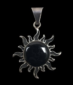 Unusual Vintage Mexican Sterling Silver & Black Onyx Sun Pendant