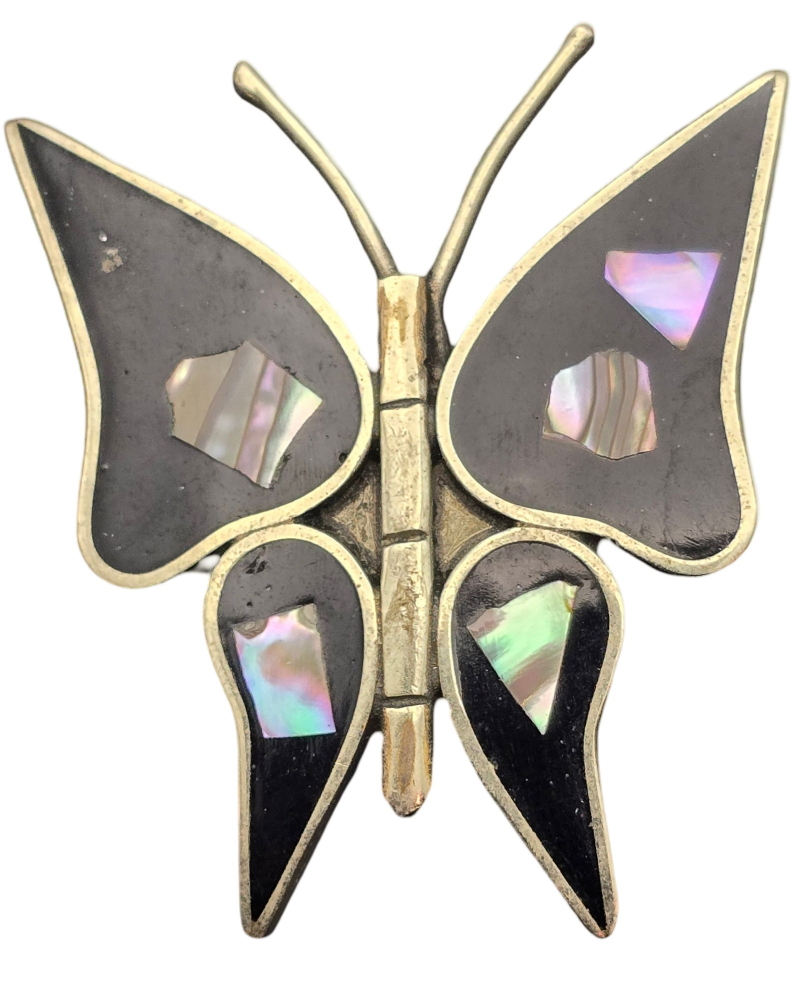 Vintage Mexican Alpaca Silver Butterfly Brooch /w Black Enamel & Abalone Shell (1 of 4)