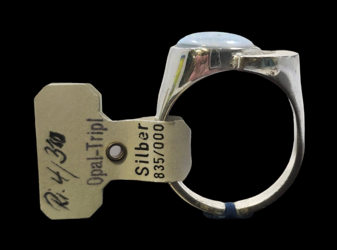 Vintage Mid-Century Modern European 835 Silver & Opal Designer Ring - New Old Stock: Very good vintage condition with very minor patina due to storage; new old stock with original tag. The ring is a size 7 and weighs ca. 4.5 grams. Marked for 835 (83.5%) silver. SHIPPING: We ship in-h