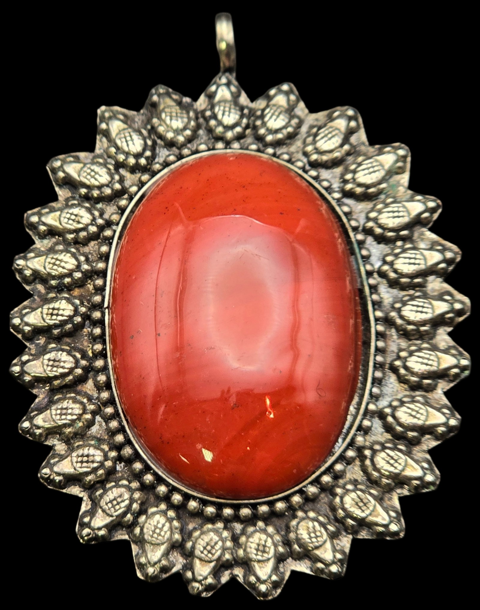 Unusual Vintage 800 Silver & Red Gemstone Pendant: Measures approx. 2 1/2" long x 1 1/2" wide and weighs ca. 19.4 grams. Very good vintage condition with minor wear and patina according to age. Tested for a minimum of 800 (80%) silver. SHIPPING: We sh