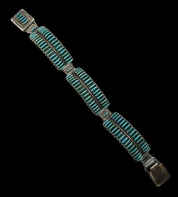 Vintage Native American Zuni Sterling Silver & Needlepoint Turquoise Panel Bracelet