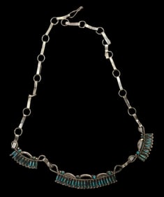 Vintage Native American Zuni Sterling Silver & Needlepoint Turquoise Panel Necklace