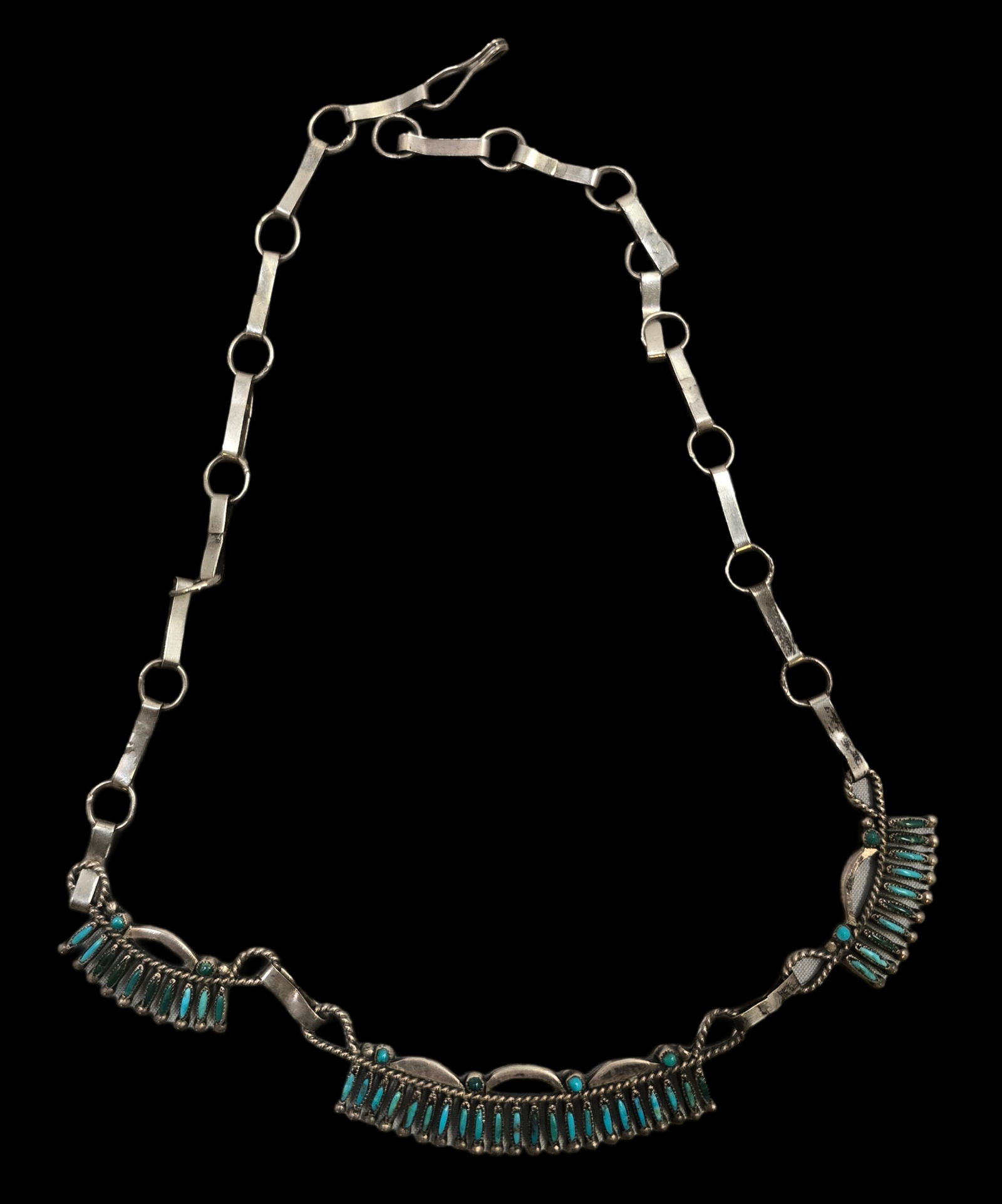Vintage Native American Zuni Sterling Silver & Needlepoint Turquoise Panel Necklace (1 of 6)